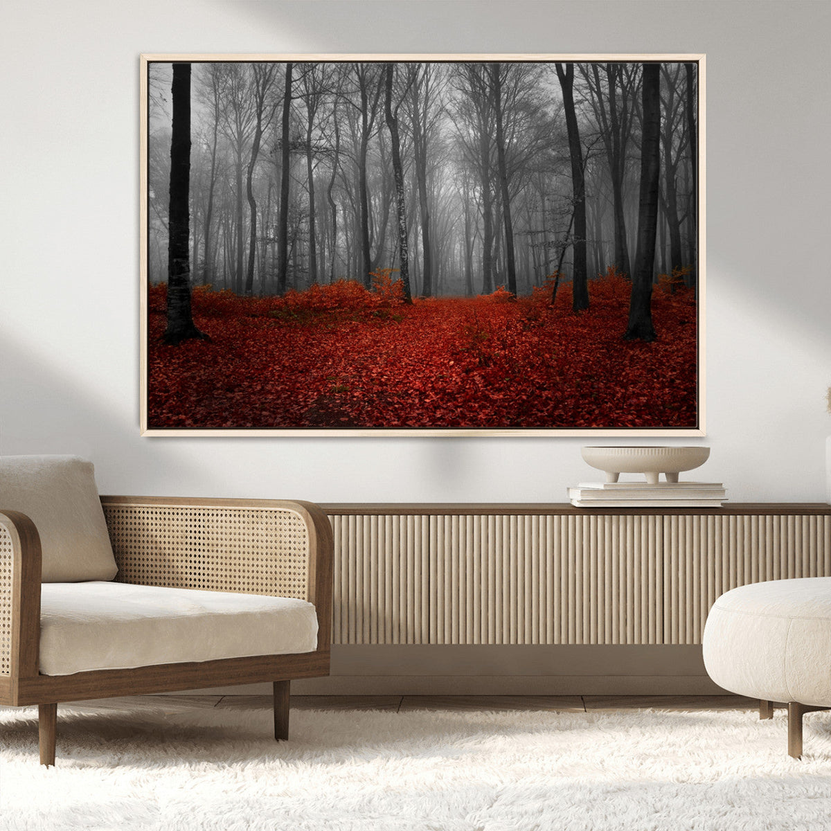 Red Forest Floor Canvas Wall Art | Mystical Foggy Woodland Triptych