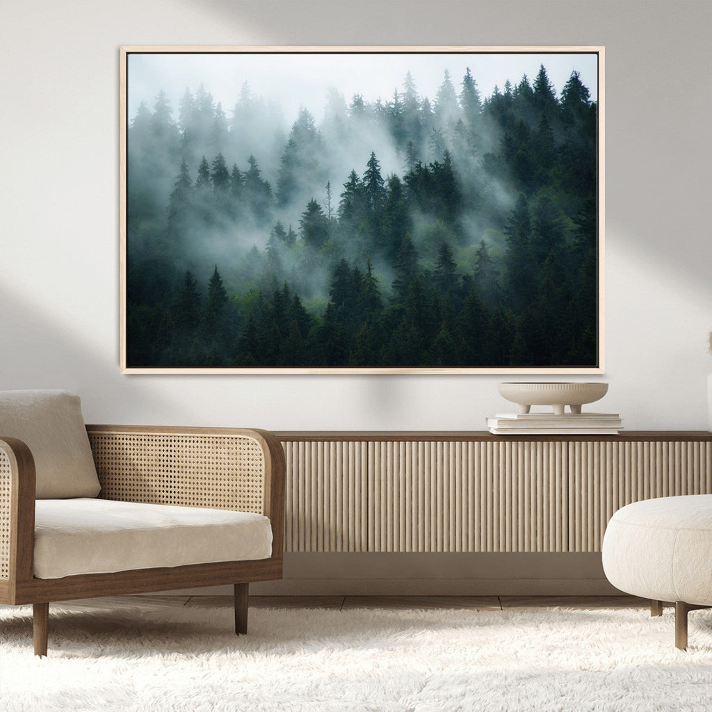 Misty Forest Wall Art | Serene Green Landscape Canvas Print