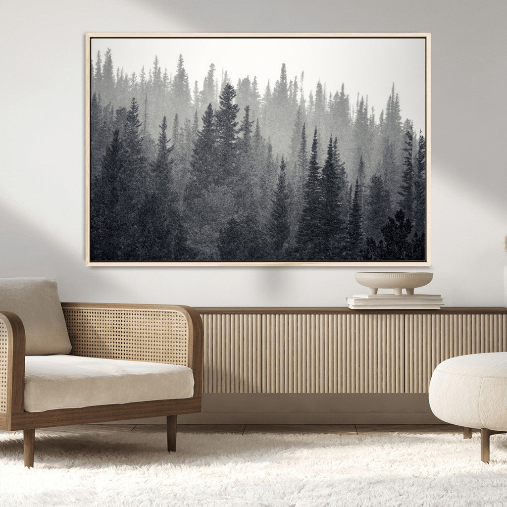 Misty Forest Canvas Wall Art | Monochrome Triptych Pine Tree Print