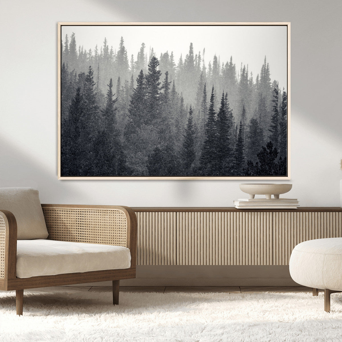 Misty Forest Canvas Wall Art | Monochrome Triptych Pine Tree Print
