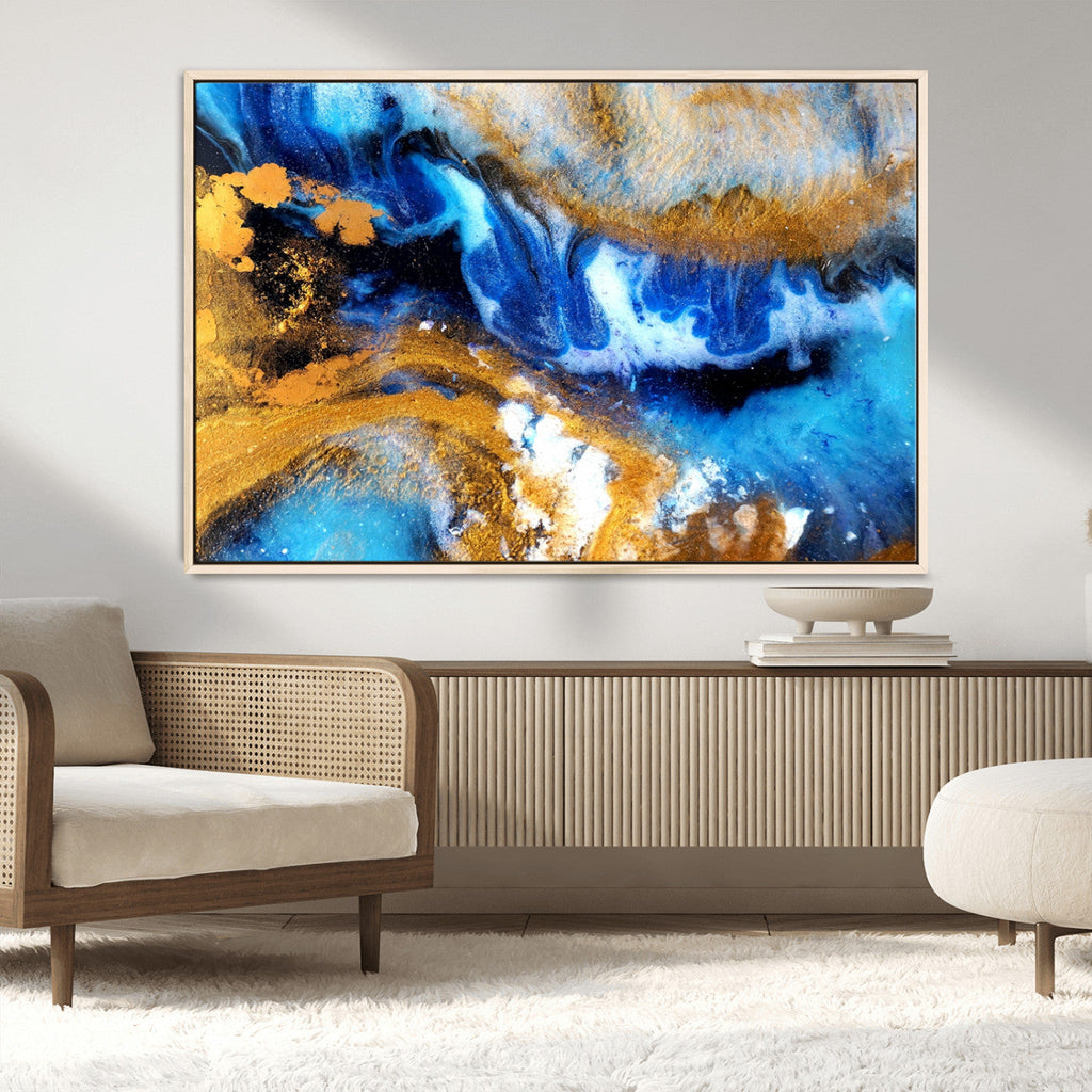 Blue Orange Marble Fluid Effect Canvas Wall Art Print