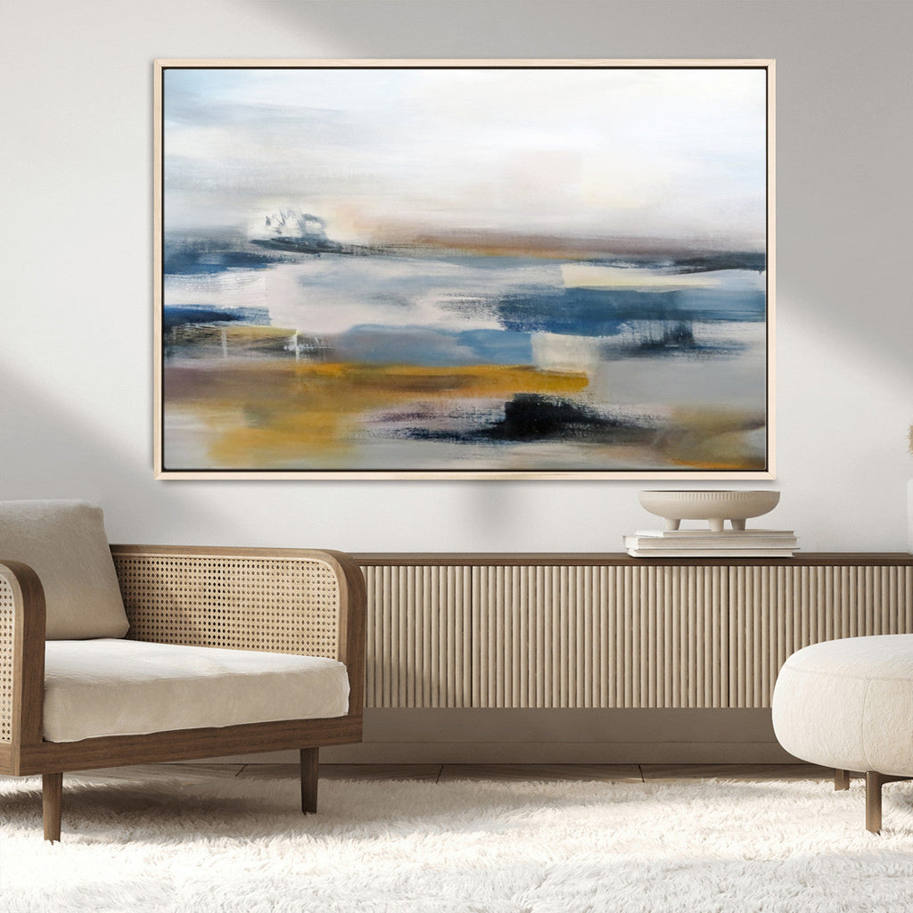 Abstract Landscape Wall Art Canvas | 3 Panel Modern Blue, Gold and White Canvas Art
