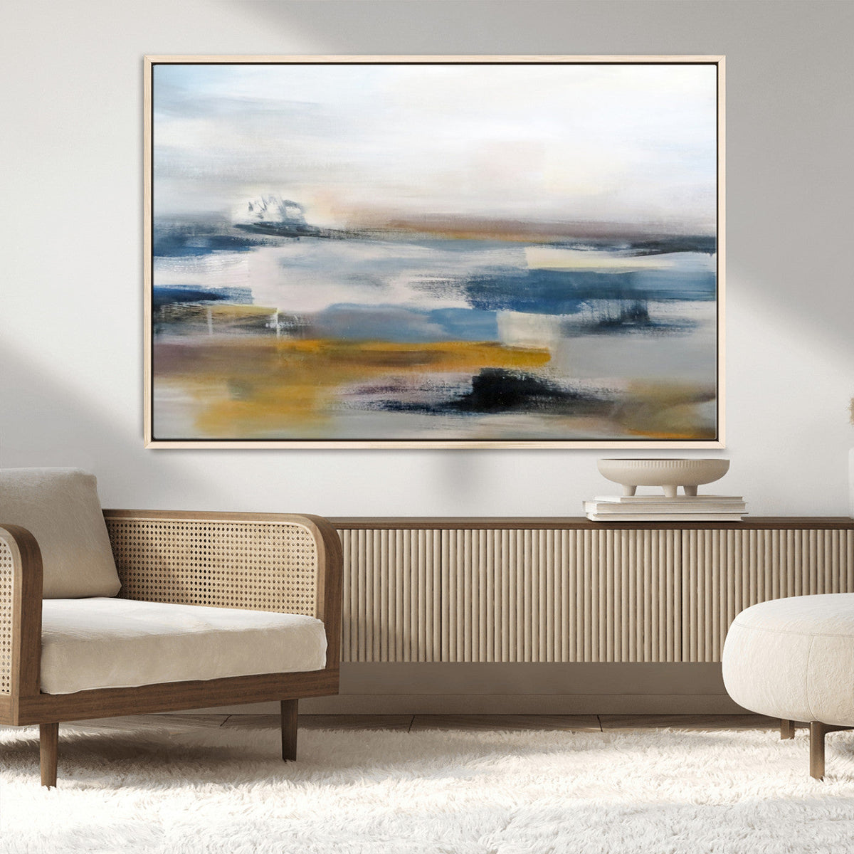 Abstract Landscape Wall Art Canvas | 3 Panel Modern Blue, Gold and White Canvas Art