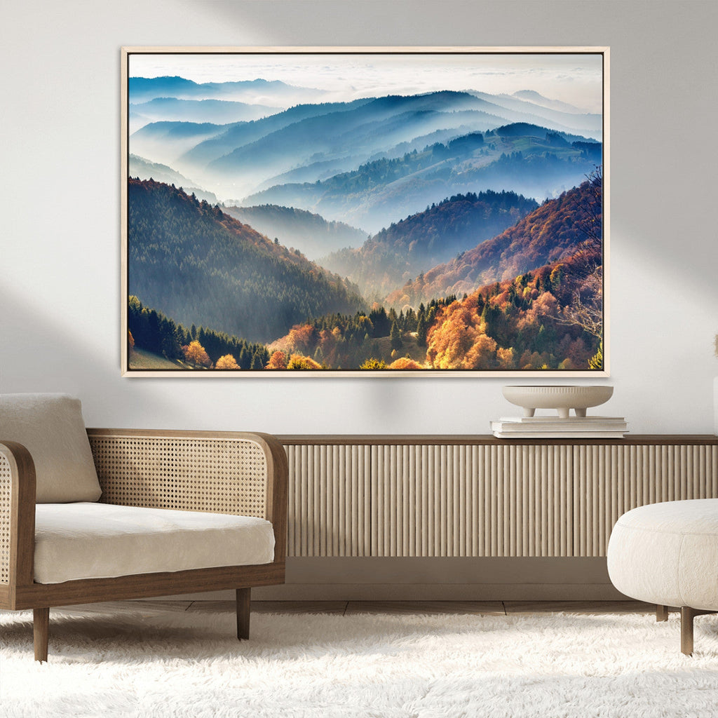 Misty Mountain Sunrise Triptych Canvas Print | Autumn Landscape Wall Art