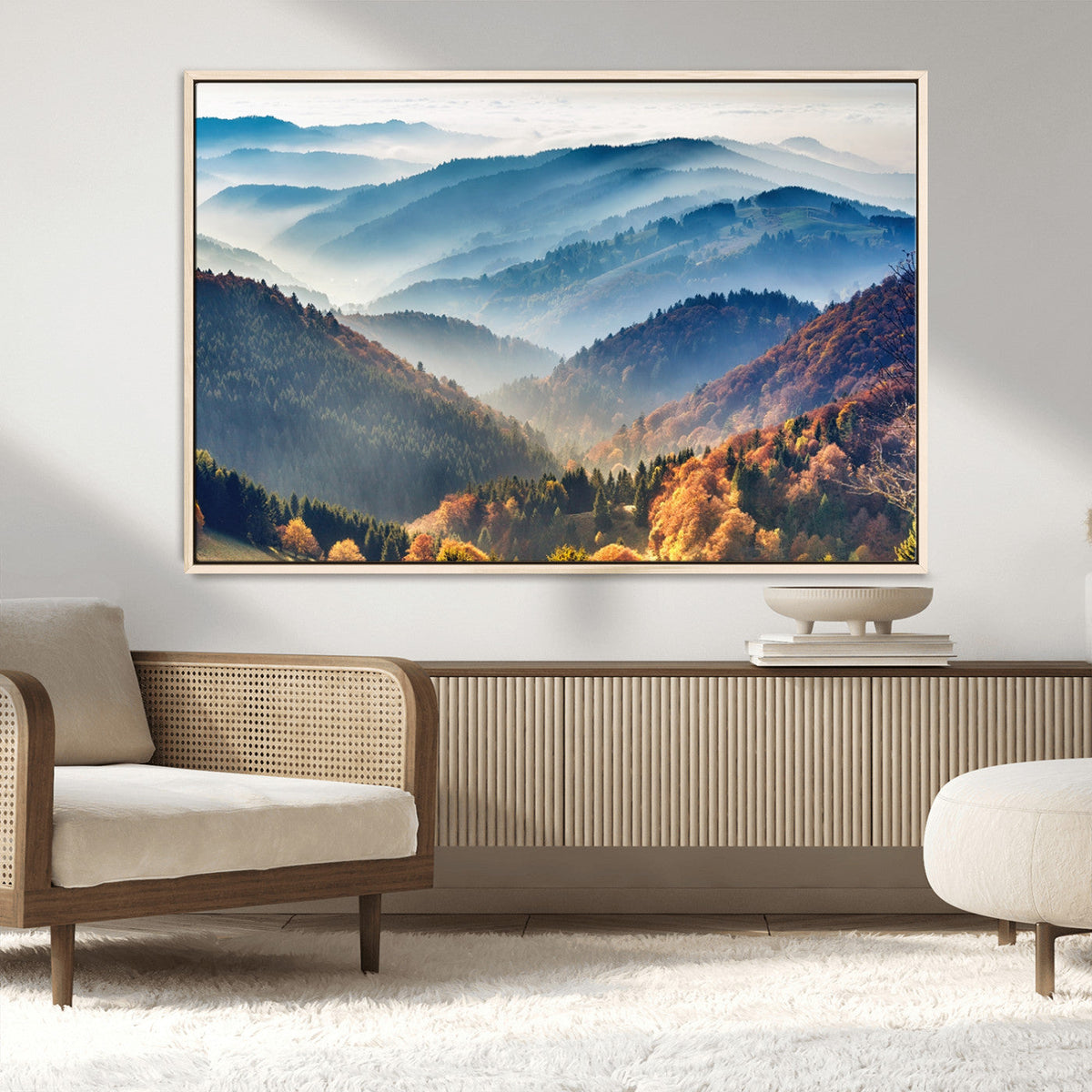 Misty Mountain Sunrise Triptych Canvas Print | Autumn Landscape Wall Art