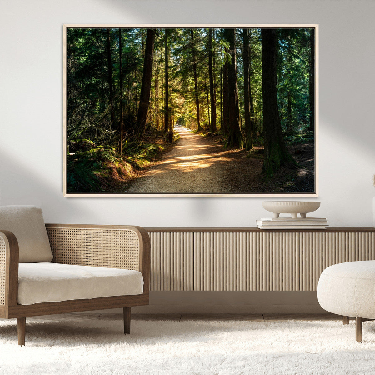 Sunlit Forest Pathway Canvas Print | 3 Panel Large Nature Wall Art