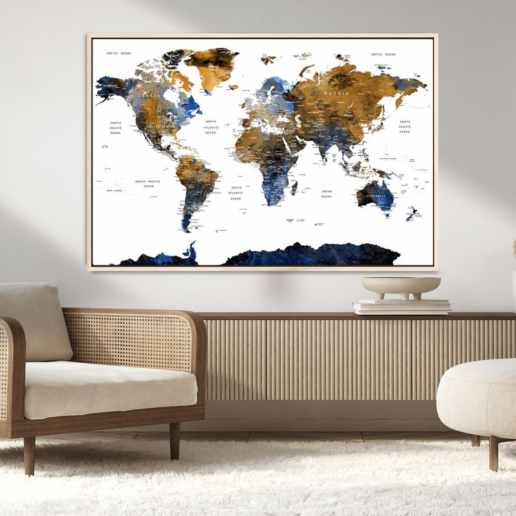 Modern Abstract World Map Canvas Wall Art | Framed Blue and Gold Map Print
