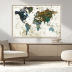 Vintage World Map Wall Art Canvas Print, Framed Rustic Earth Tone Map