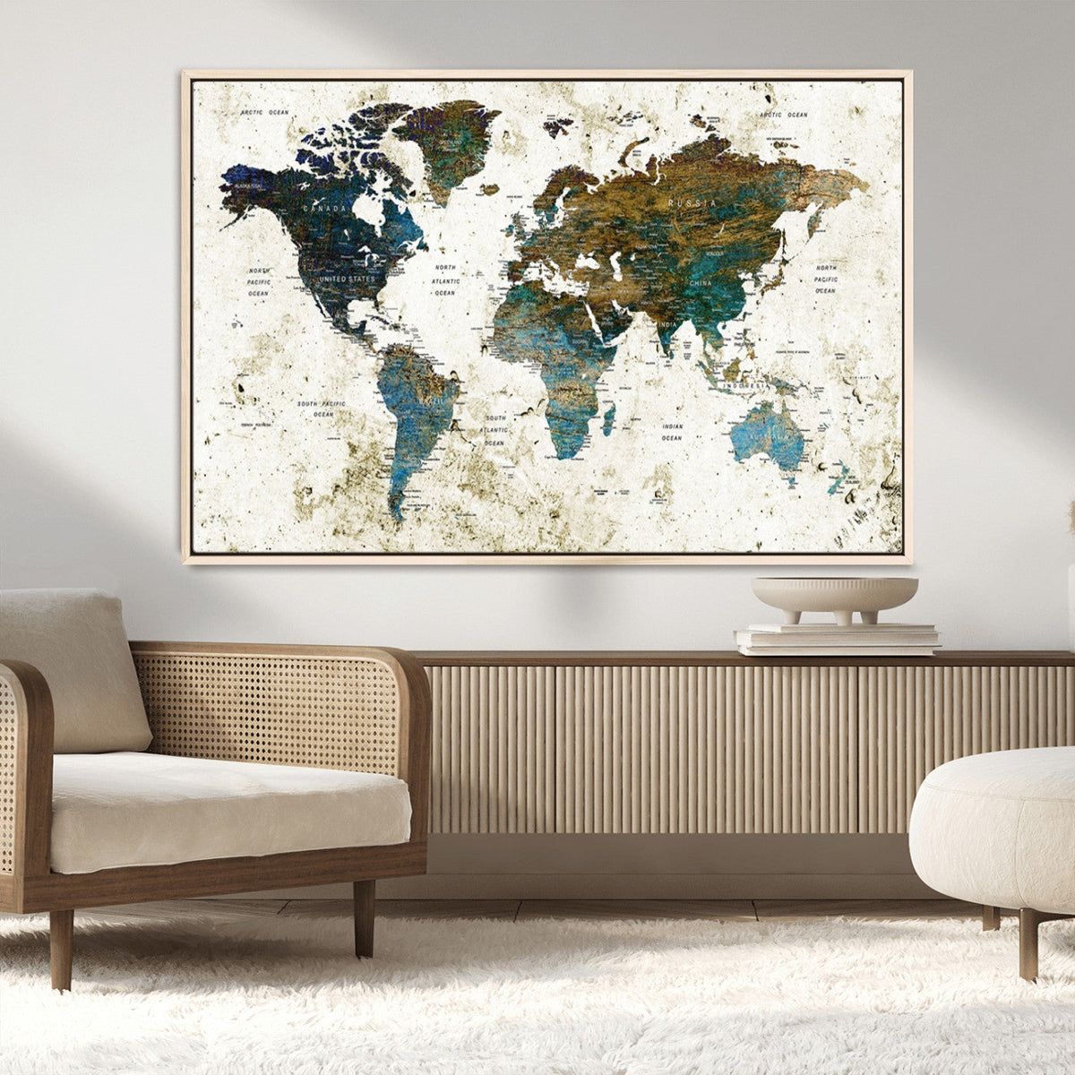 Vintage World Map Wall Art Canvas Print, Framed Rustic Earth Tone Map