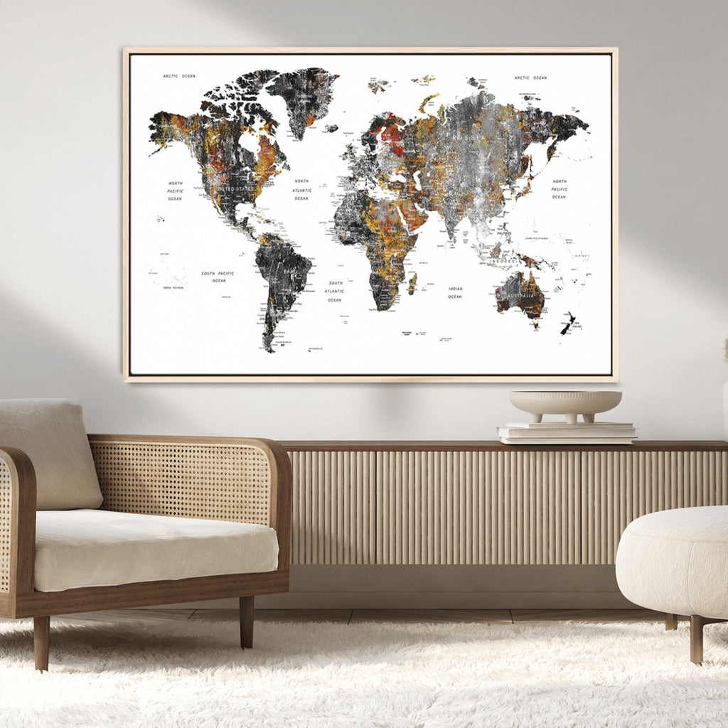 Modern Metallic World Map Canvas Wall Art | Framed Contemporary World Map Print