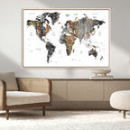 Modern Metallic World Map Canvas Wall Art | Framed Contemporary World Map Print