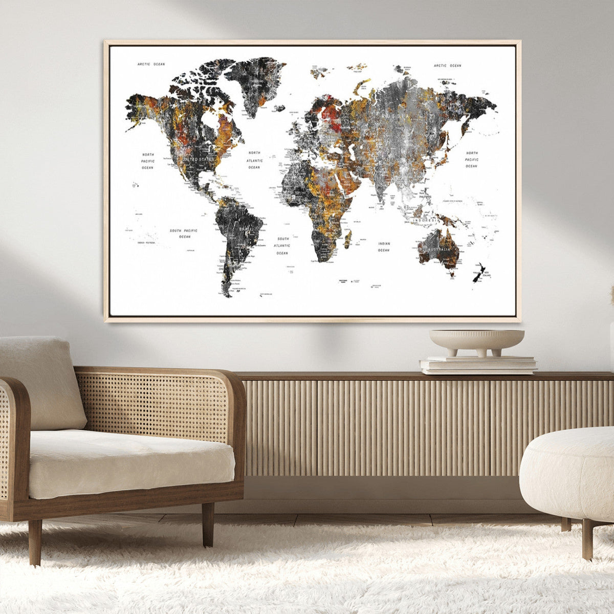 Modern Metallic World Map Canvas Wall Art | Framed Contemporary World Map Print