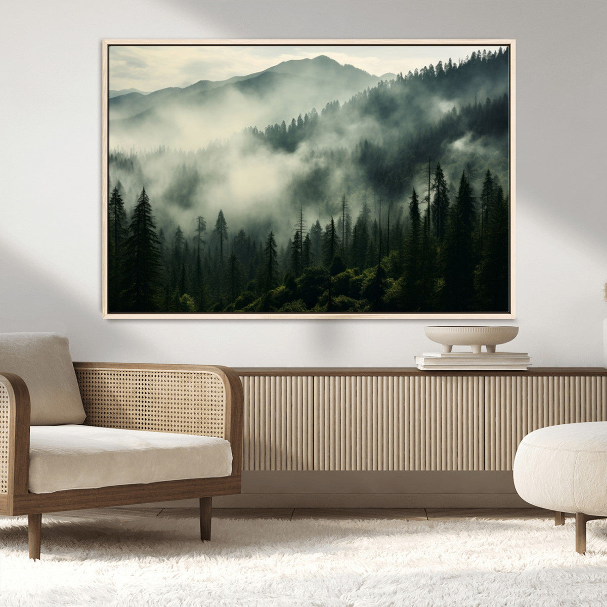 Captivating Misty Forest Wall Art Premium Canvas Print, A Foggy and Serene Atmosphere
