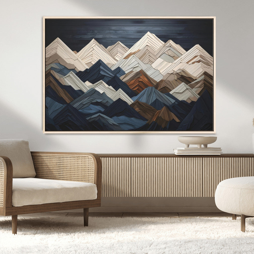 Rustic Mountain Landscape Wall Art Canvas Print, Framed 3D Wooden Effect Mountain Art