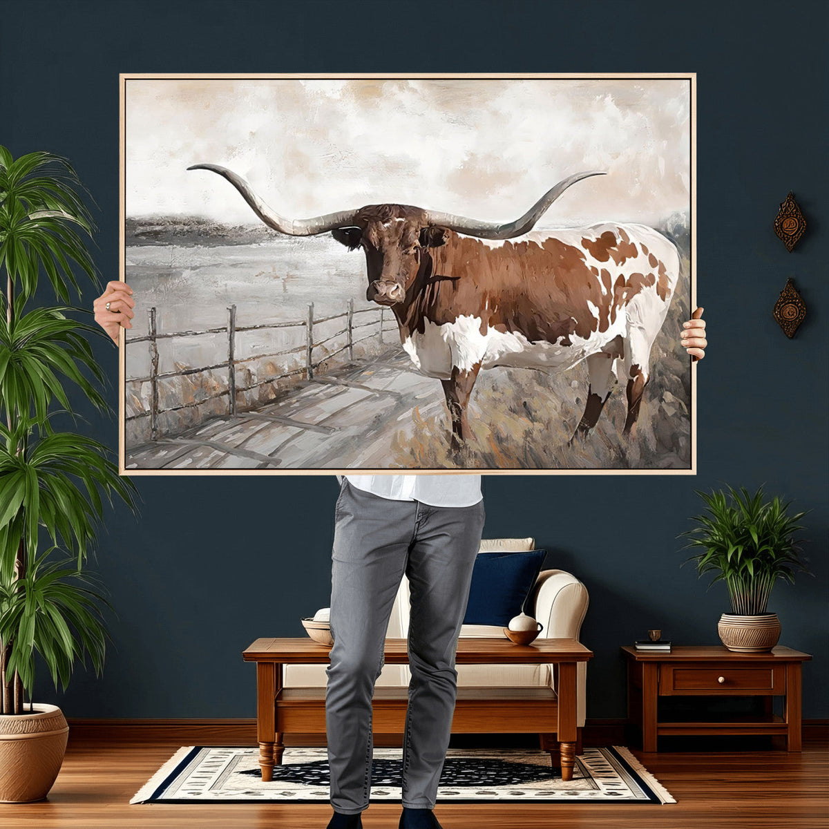 Vintage Texas Cow Wall Art Canvas Print, Rustic Longhorn