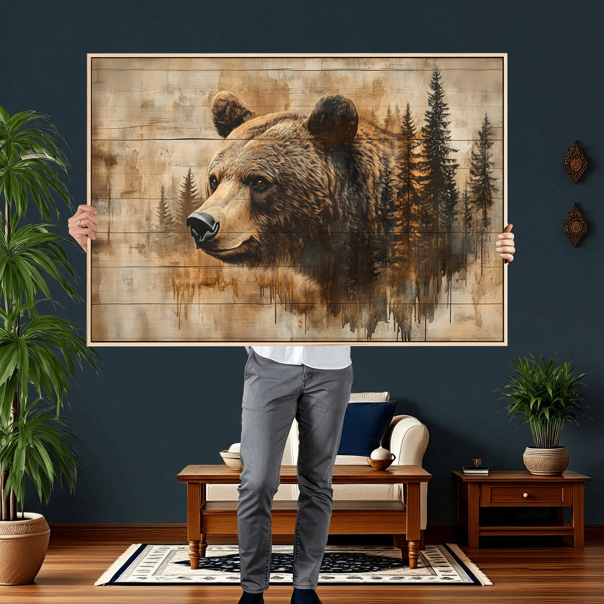 Rustic Grizzly Bear Wall Art, Abstract Grizzly 399 Bear Canvas Print, Woodland Wildlife
