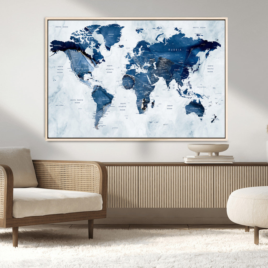 Modern Blue World Map Canvas Print | Elegant Travel Map Wall Art for Home Office