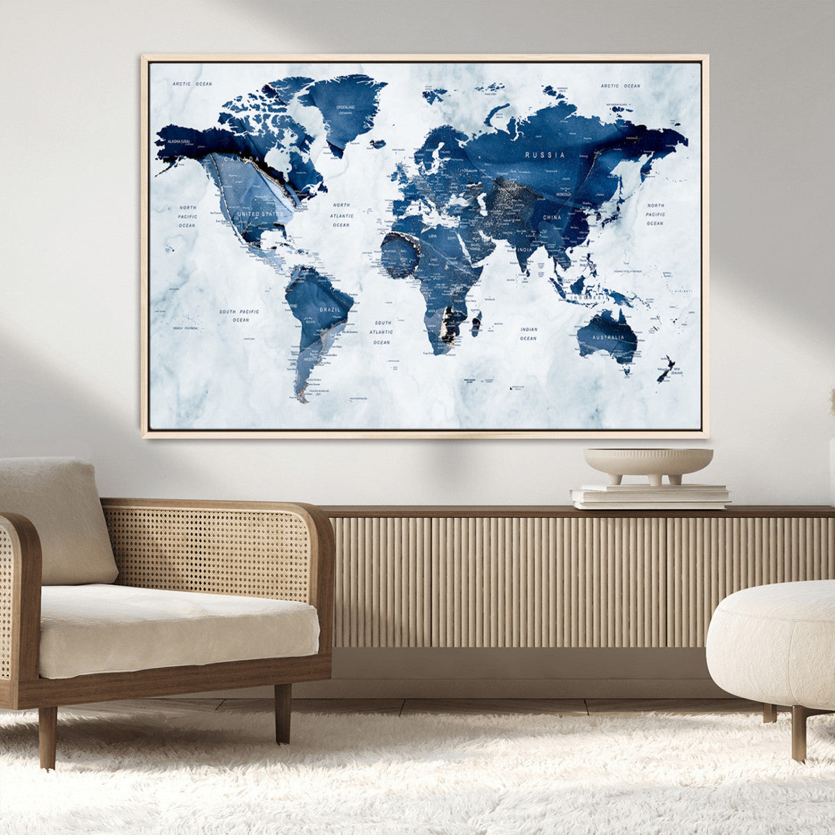 Modern Blue World Map Canvas Print | Elegant Travel Map Wall Art for Home Office