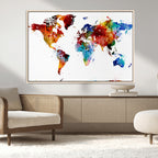 Colorful World Map Canvas Wall Art Print, Contemporary Global Map Artwork