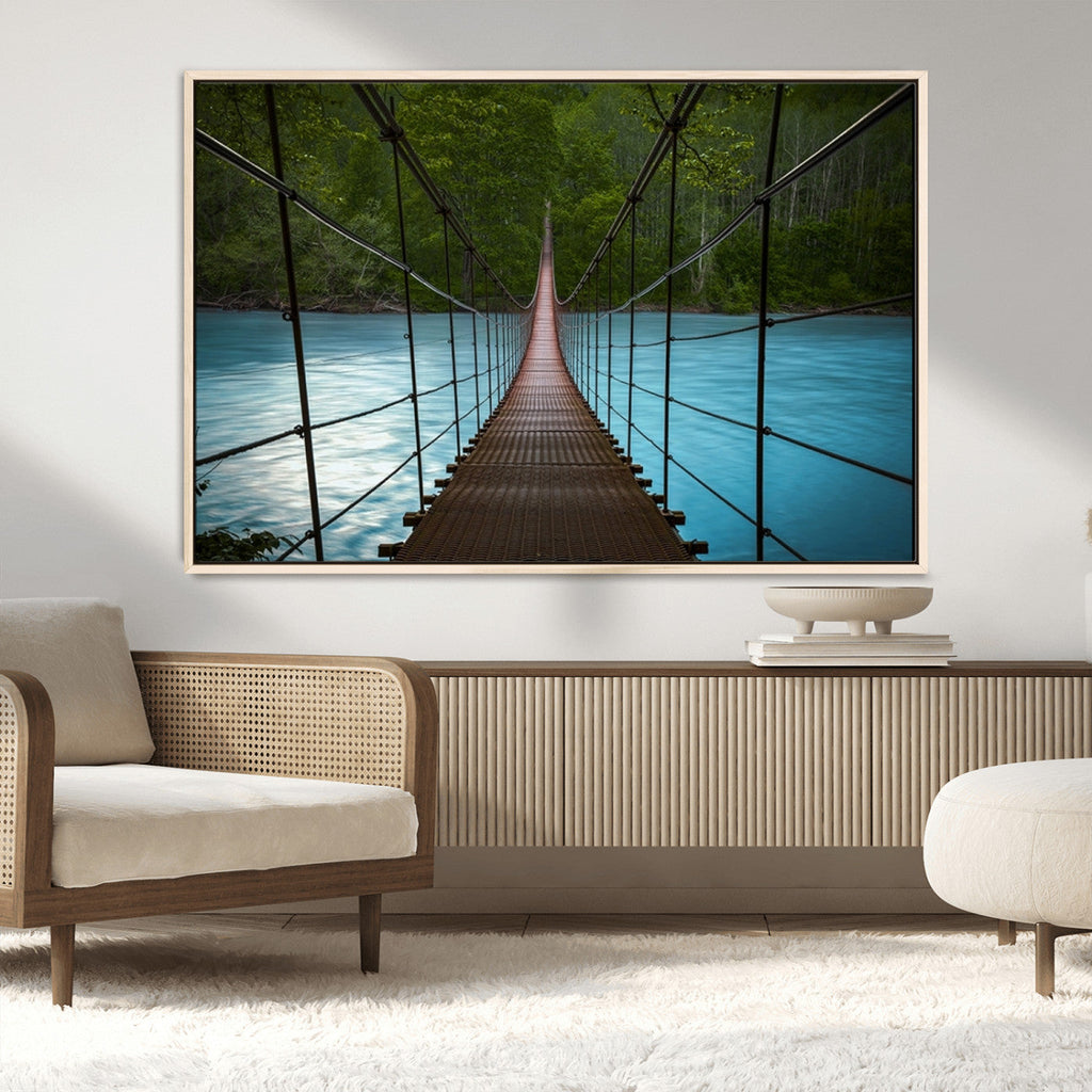 Suspension Bridge Over River Canvas Art | 3-Panel Nature Wall Art