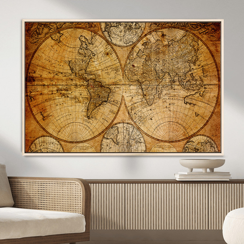 Vintage World Map Canvas Print | Antique Push Pin Travel Map