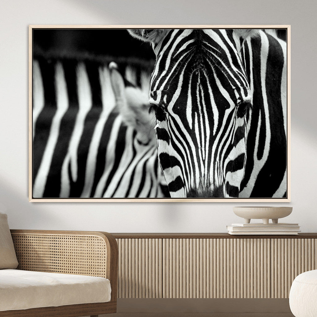Zebra Wall Art | Zebra Close Up Canvas Print | Framed Black and White Wildlife