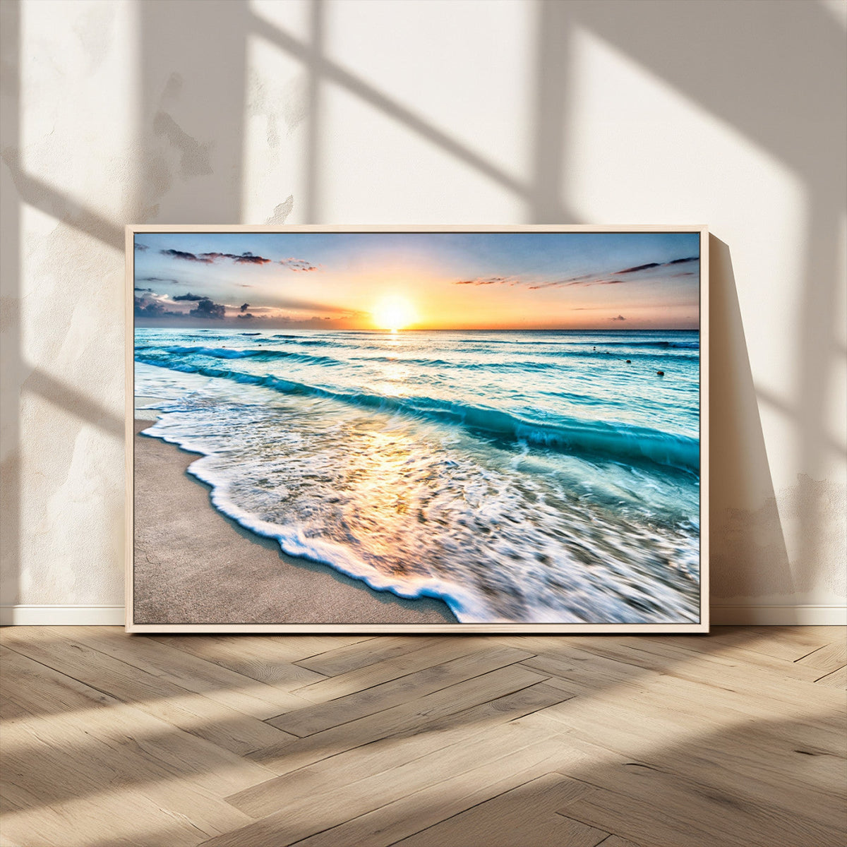 Sunset Beach Waves Canvas Wall Art | Ocean Sunset Coastal Print
