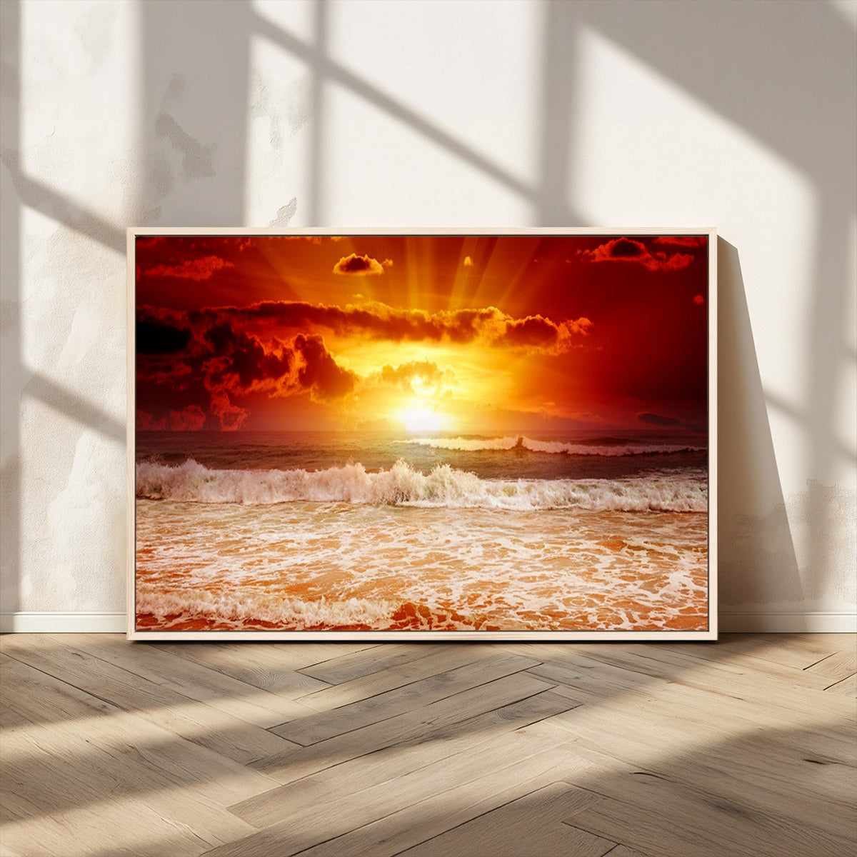 Red Sunset Ocean Beach Canvas Wall Art, Coastal Sunset Print