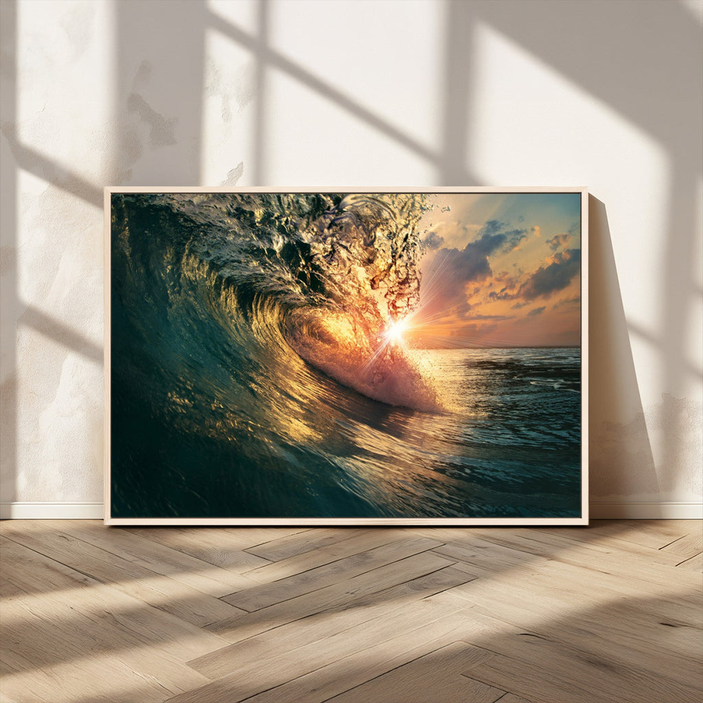 Ocean Wave Sunset Canvas Wall Art | Triptych Seascape Print