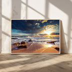 Golden Hour Beach Sunset Canvas Triptych, Ocean Waves and Rocks Wall Art