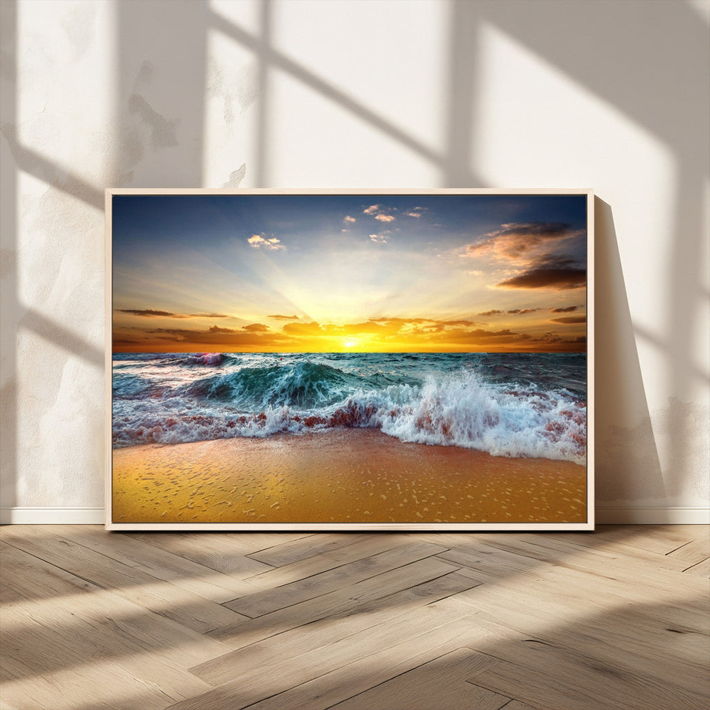 Golden Sunset Ocean Waves Wall Art Canvas Print | Multi Panel Beach Canvas Set, Coastal Triptych