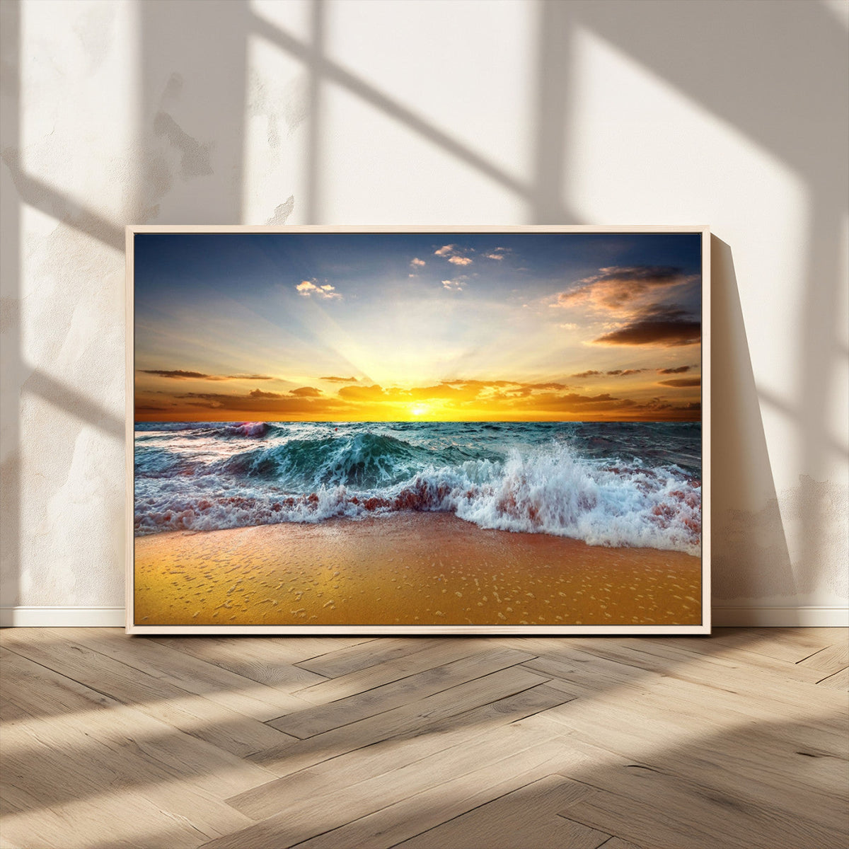 Golden Sunset Ocean Waves Wall Art Canvas Print | Multi Panel Beach Canvas Set, Coastal Triptych