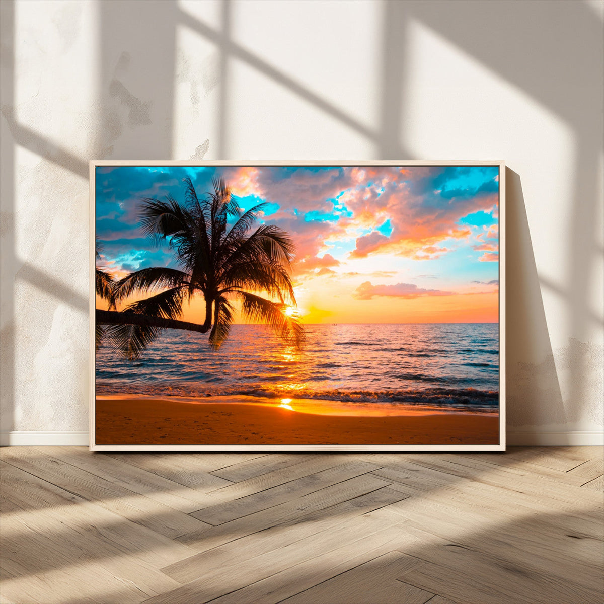 Palm Tree Sunset On The Beach Wall Art Canvas, Framed Palm Tree Sunset Canvas Print