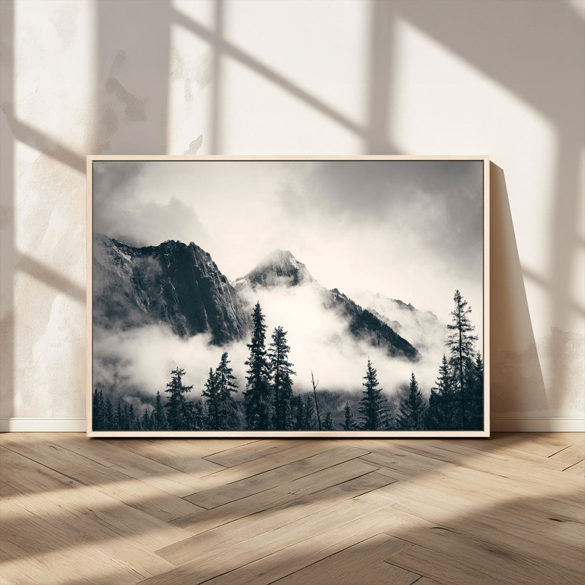 Forest Mountain Print | Black and White Canvas Wall Art with Misty Forest Design