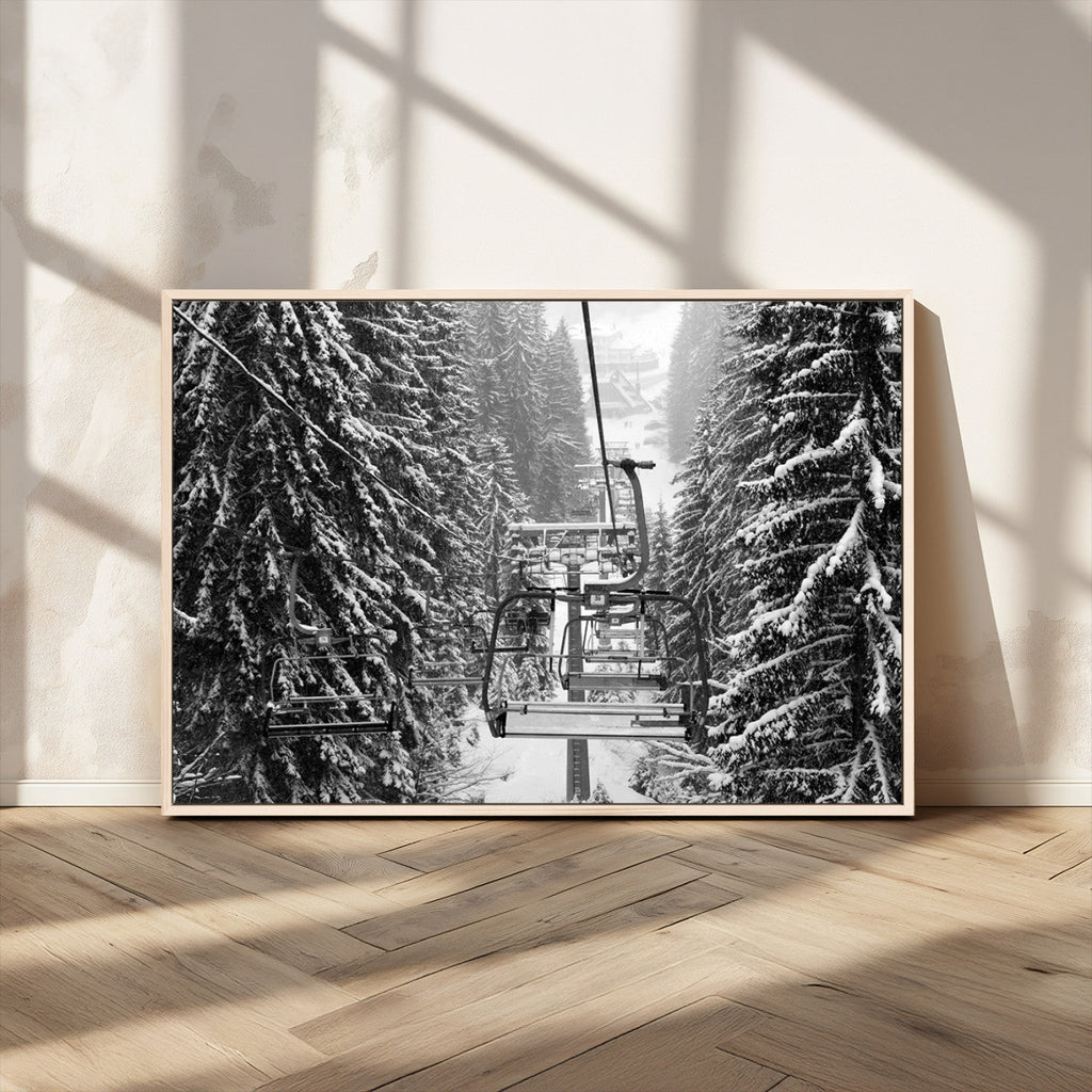 Winter Ski Lift Black and White Canvas Wall Art | Alpine Escape in Minimalist Style