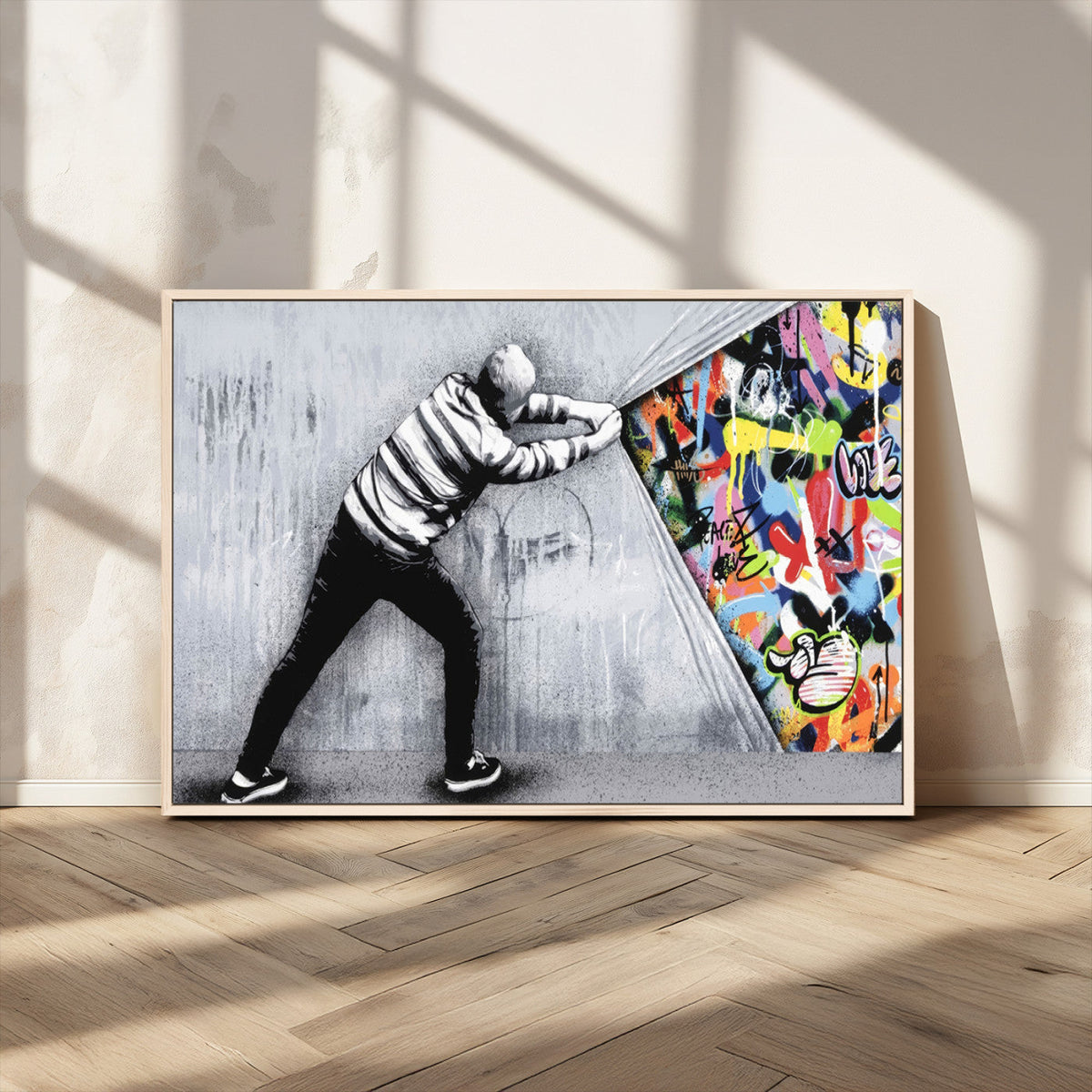 Banksy Art Behind the Curtain Street Wall Art Canvas Print | Urban Graffiti Style Wall Decor