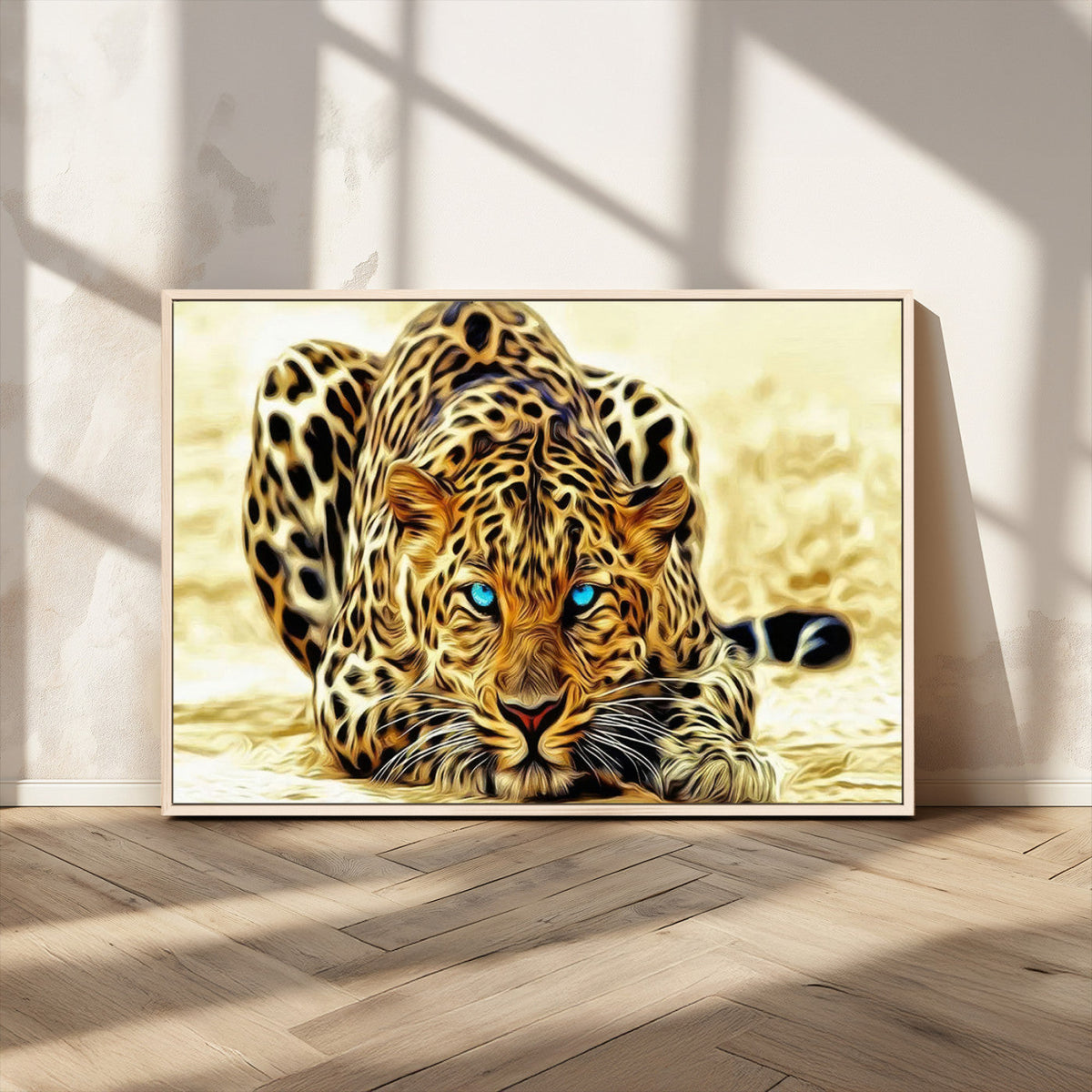 Blue-Eyed Leopard Canvas Wall Art, Framed Animal Print, Fierce and Bold Decor for Living Rooms