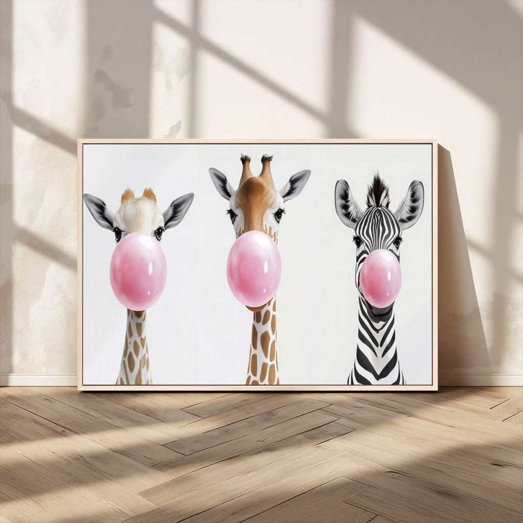 Bubblegum Animals Canvas Wall Art, Playful Giraffe and Zebra Trio, Whimsical Nursery and Kids Room Decor