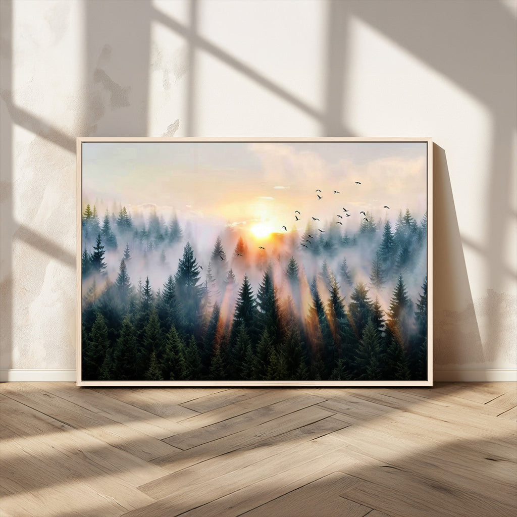 Abstract Forest Wall Art, Serene Nature Canvas Print with Misty Forest Design for Modern Home Decor