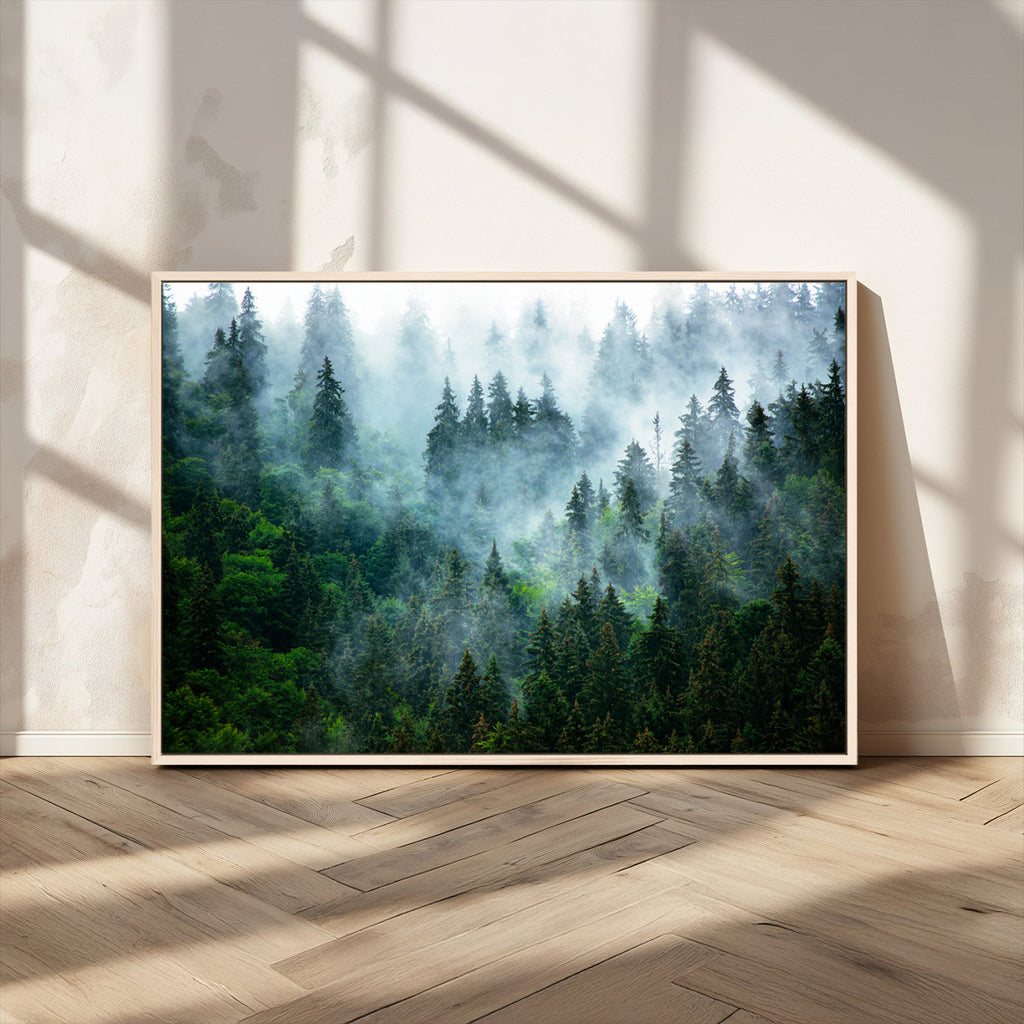 Misty Forest Wall Art Canvas Print, Framed Foggy Mountain Art, Large Scenic Woodland Canvas