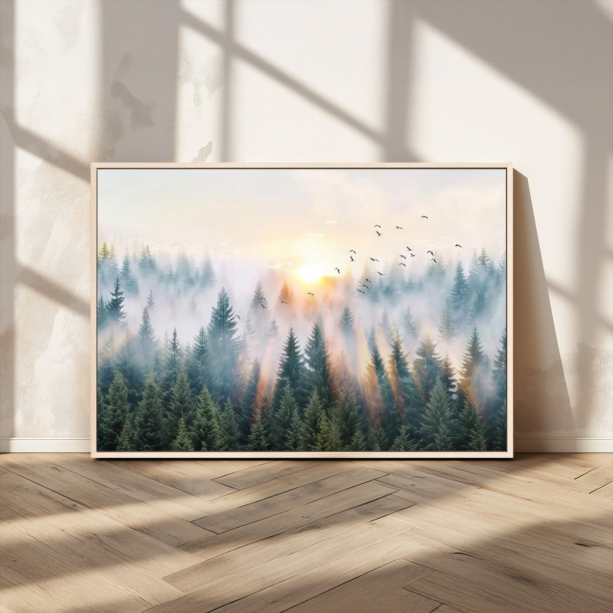 Misty Pine Forest Wall Art Canvas, Sunrise Over Foggy Trees