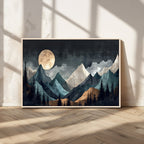 Moonlit Mountain Wall Art Canvas Print, Framed Silhouetted Pines Art, Layered Peaks Rustic Decor