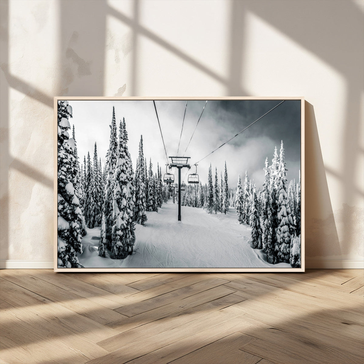 Snowy Pines Wall Art Canvas Print | Ski Lift in a Winter Forest