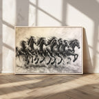 Running Horses Wall Art Canvas Print, Framed Monochrome Galloping Herd Sketch