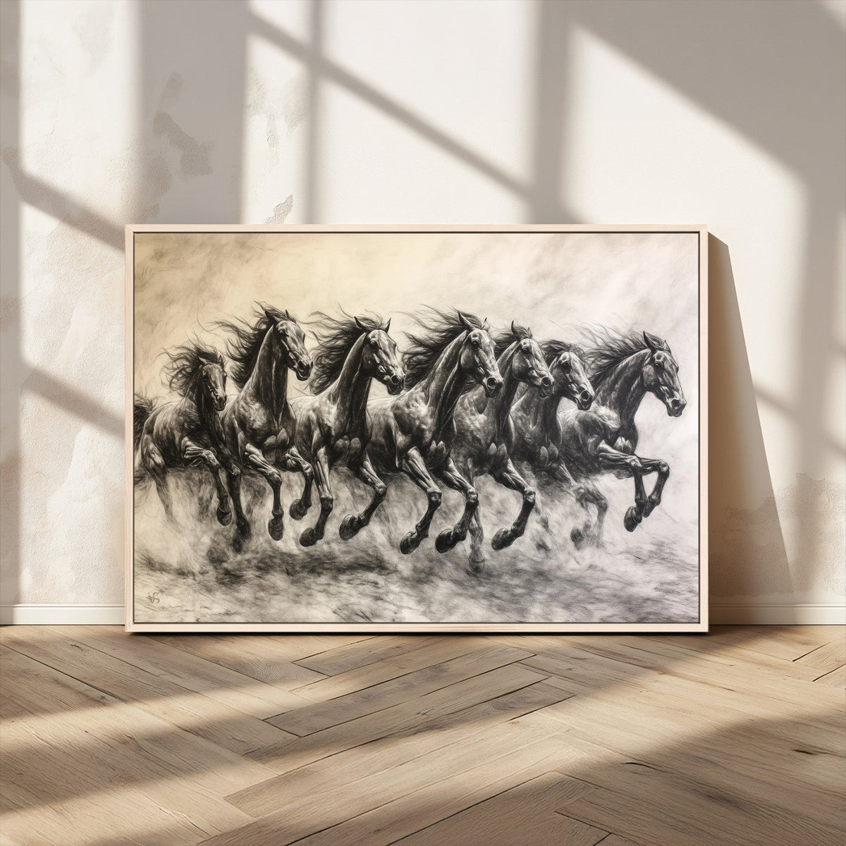 Running Horses Wall Art Canvas Print, Framed Monochrome Galloping Herd Sketch