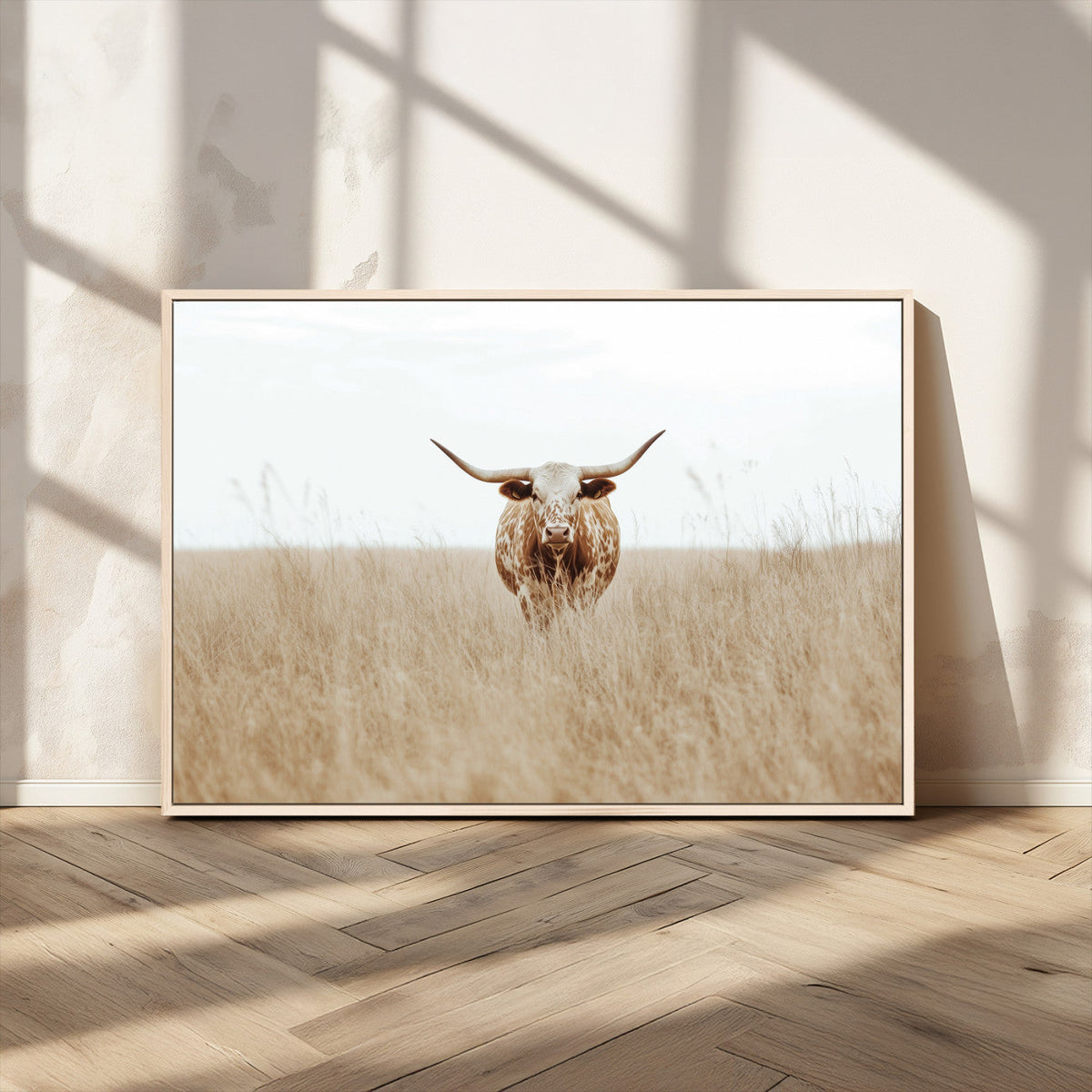 Texas Longhorn Wall Art Canvas Print, Framed Lone Cattle and Longhorn Bull Scene