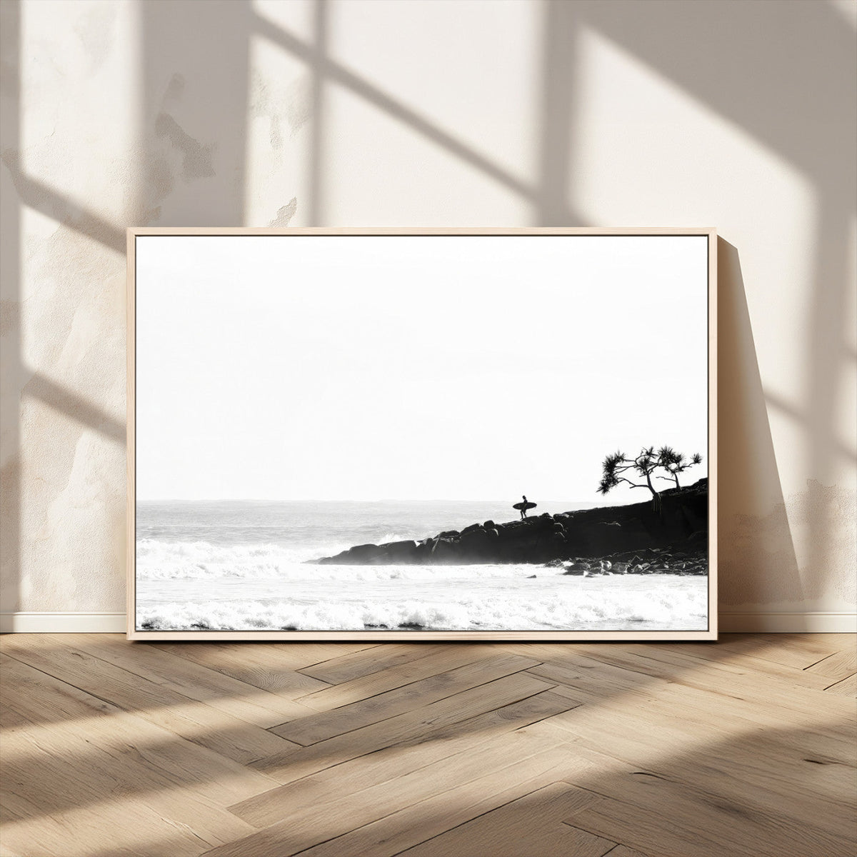 Surfer Cliffs Wall Art Canvas Print, Framed Black White Beach and Ocean Waves