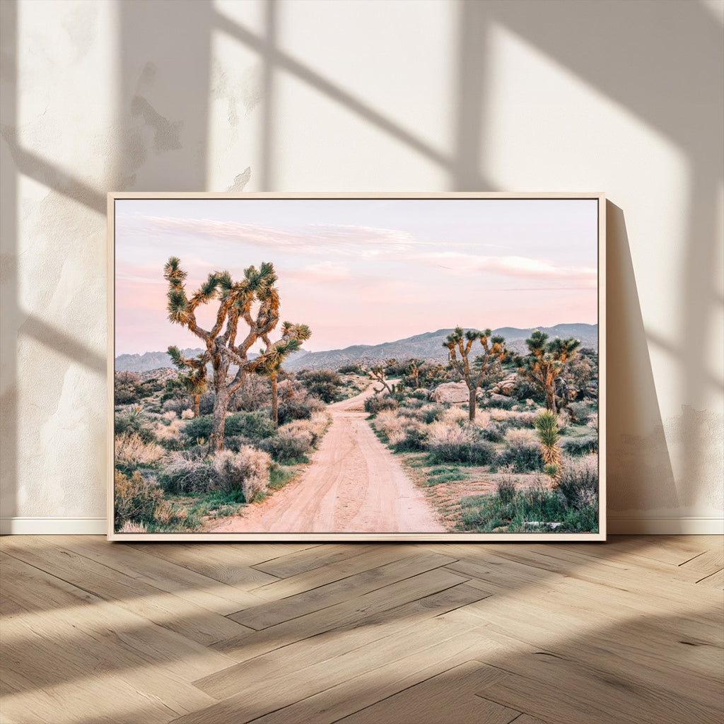 Joshua Tree Wall Art Canvas Print, Framed Desert Road Scene at Sunset