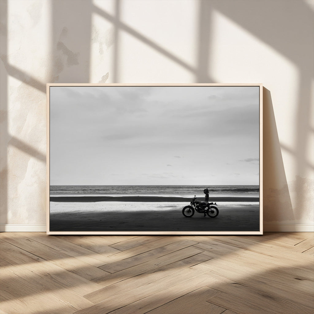 Motorcycle Beach Wall Art Canvas Print, Framed Vintage Motorcycle and Biker Silhouette
