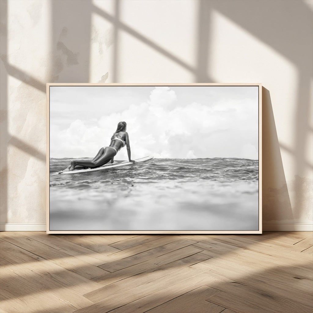 Black and White Surfing Wall Art Canvas Print, Framed Ocean Horizon Surfer Girl